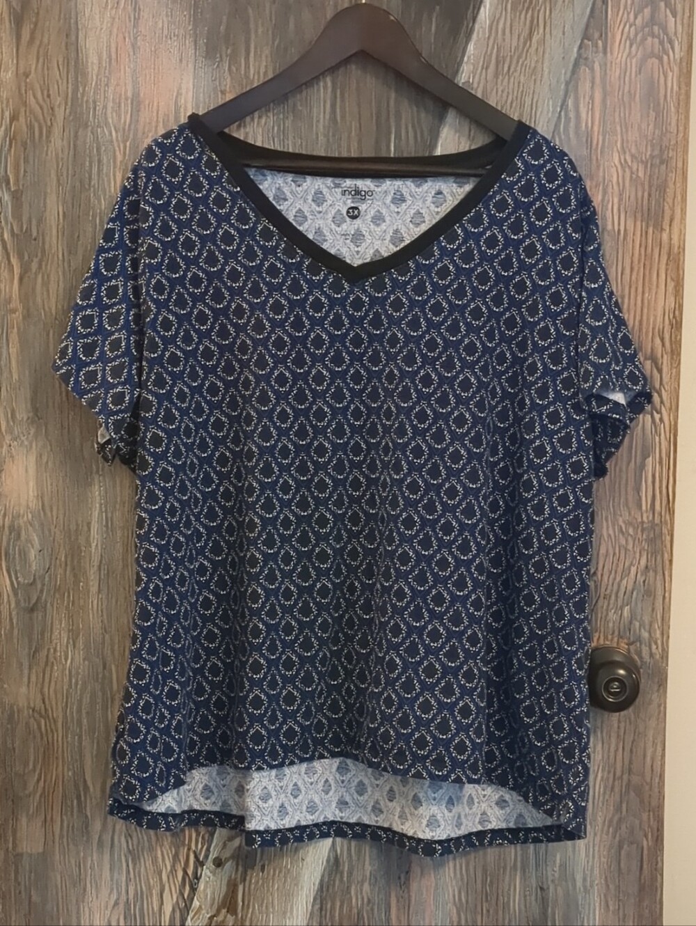 Indigo Patterned V-Neck Short Sleeve Top - Navy Plus Size 3XL
